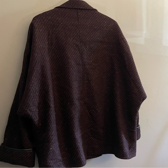 Vintage BHS Wool Burgundy Double-Breasted Cape Coat w Leather Trim Size 18 - Picture 14 of 15